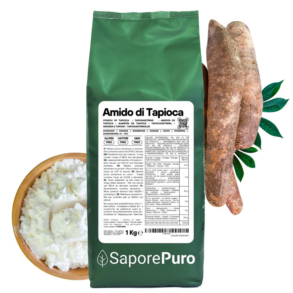 SaporePuro native tapioca starch in a bag, ideal for cooking and baking, with a close-up of the product packaging.